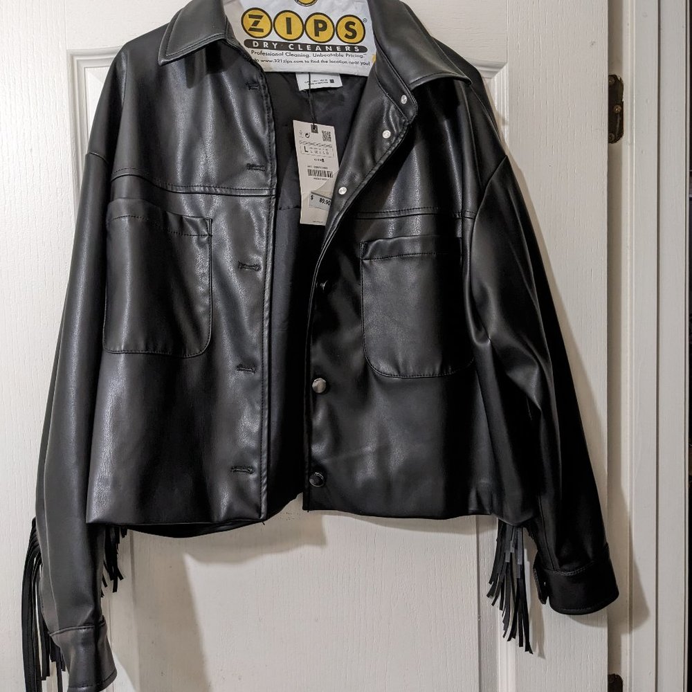 Large Black faux leather fringe jacket